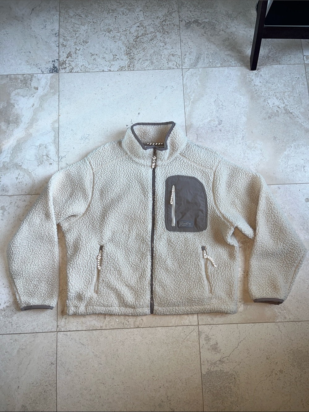 Roots Cream Alta Fleece Jacket Sherpa Full Zip Teddy Jacket Sz Medium